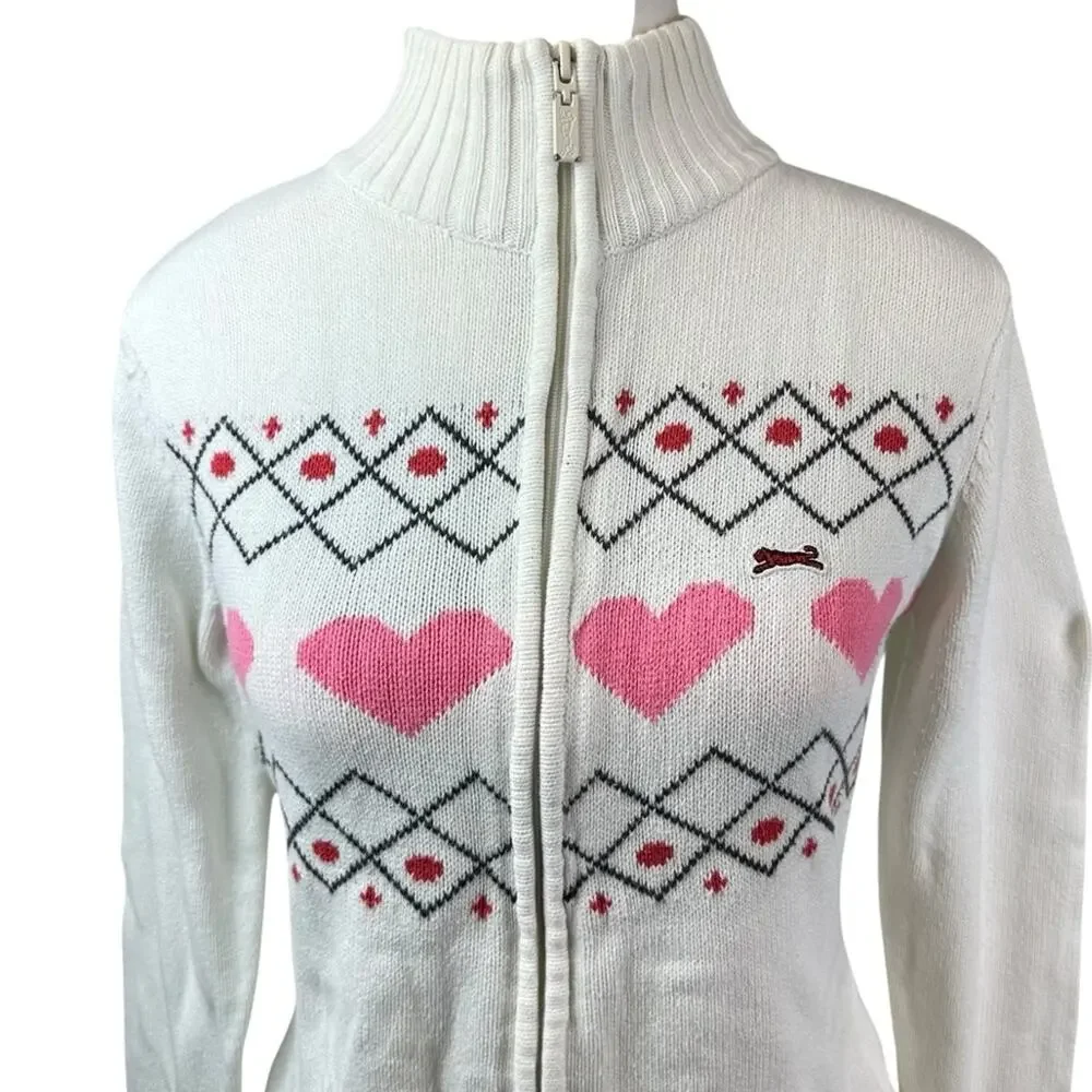 VTG Y2K Le Tigre White Pink Heart Cardigan Full Zip Girls Large Women’s Small
